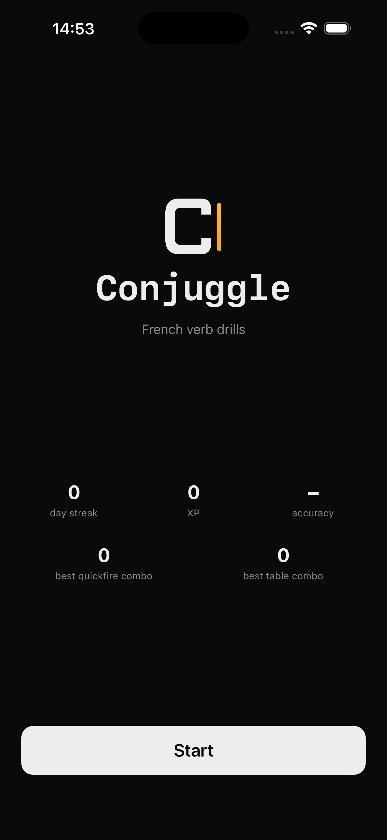 Conjuggle home screen showing daily streak, XP, and accuracy