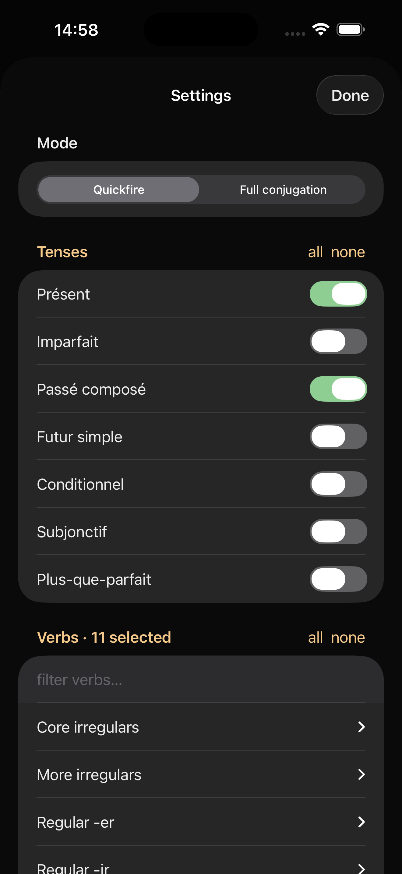 Conjuggle settings showing tense and verb selection